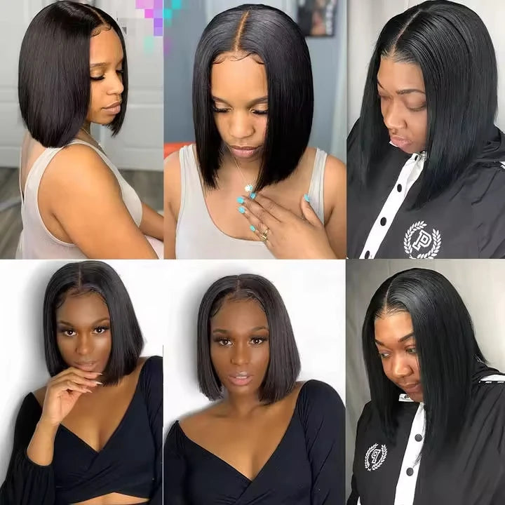Short Bob Wig in 100% Brazilian Human Hair – Straight Lace Front 13x6, Pre-Plucked Hairline, Natural Look for Black Women