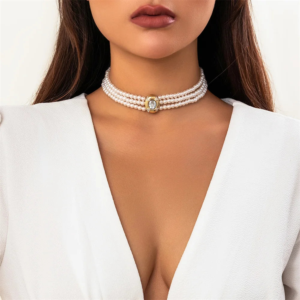 Colliers ras du cou Vintage multicouches pour femmes, Imitation de perles, strass ovales de luxe, accessoires bijoux pour fête de mariage