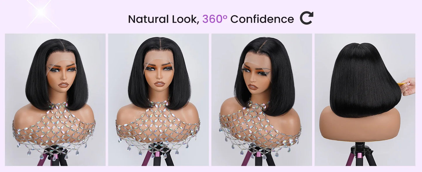 250% densité sans colle os droit 13x6 court Bob demi dentelle avant perruque HD frontale tressé noir 100% perruques de cheveux humains