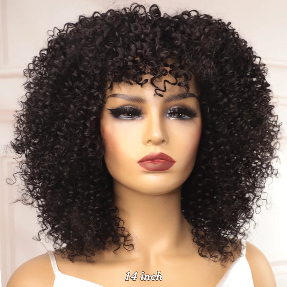 Grande perruque bouclée avec frange cheveux humains courts Afro crépus bouclés perruque couleur marron sans colle pleine Machine faite perruque 250 densité brésilienne