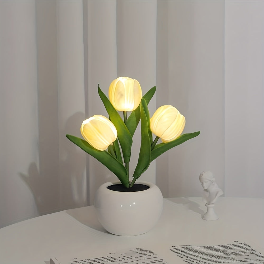[LED Tulip Night Light] 1pc LED Simulation Tulip Night Light - USB Table Lamp Ornaments with Vase for Home Living Room Desktop Decor - Best Mother's Day Gift
