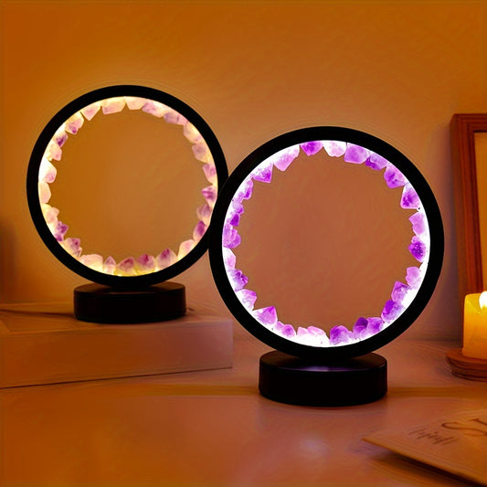 1pc, Rechargeable LED Bedside Lamp with Natural Quartz Amethyst Cluster - Soothing Night Light for Bedroom and Desk - Decorative Circle Lights