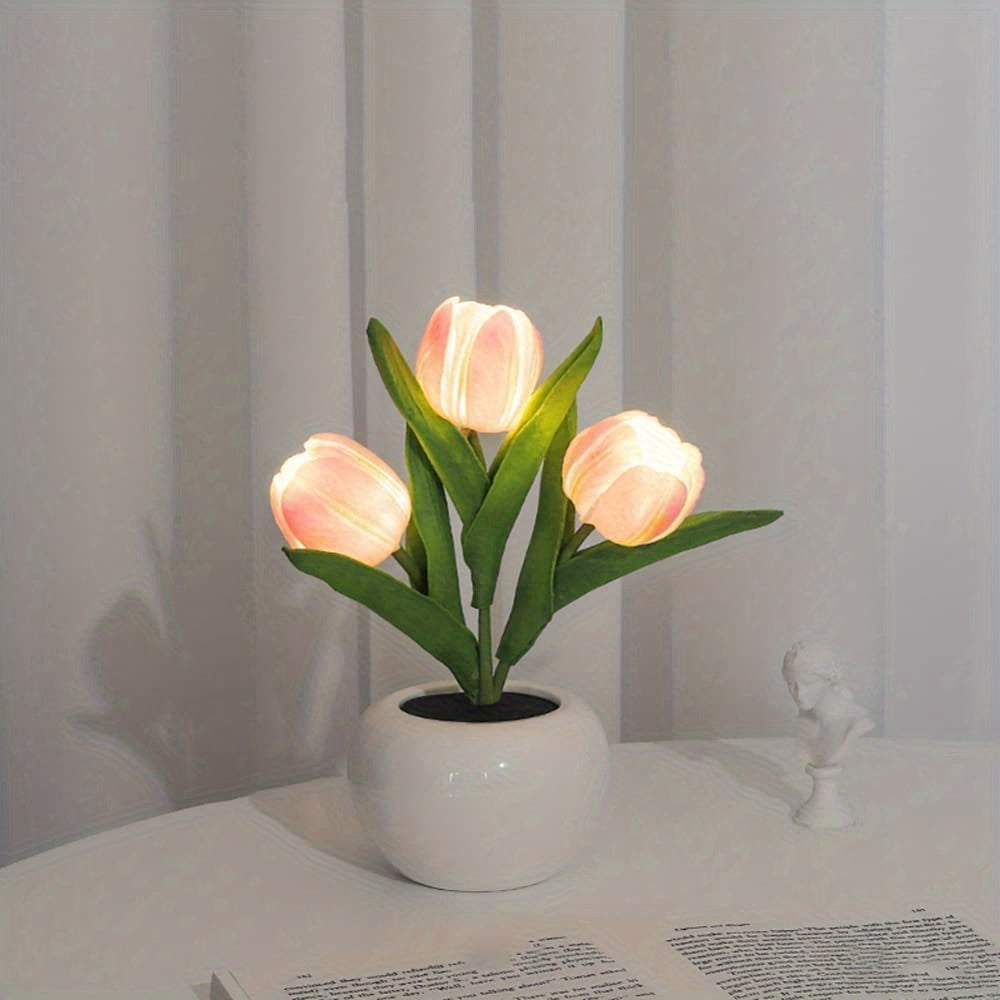 [LED Tulip Night Light] 1pc LED Simulation Tulip Night Light - USB Table Lamp Ornaments with Vase for Home Living Room Desktop Decor - Best Mother's Day Gift