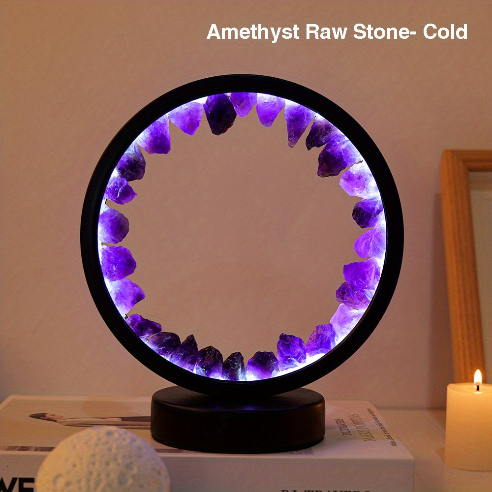 1pc, Rechargeable LED Bedside Lamp with Natural Quartz Amethyst Cluster - Soothing Night Light for Bedroom and Desk - Decorative Circle Lights