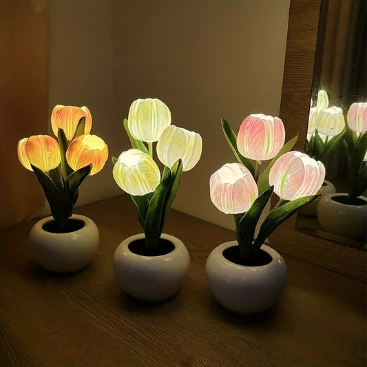[LED Tulip Night Light] 1pc LED Simulation Tulip Night Light - USB Table Lamp Ornaments with Vase for Home Living Room Desktop Decor - Best Mother's Day Gift