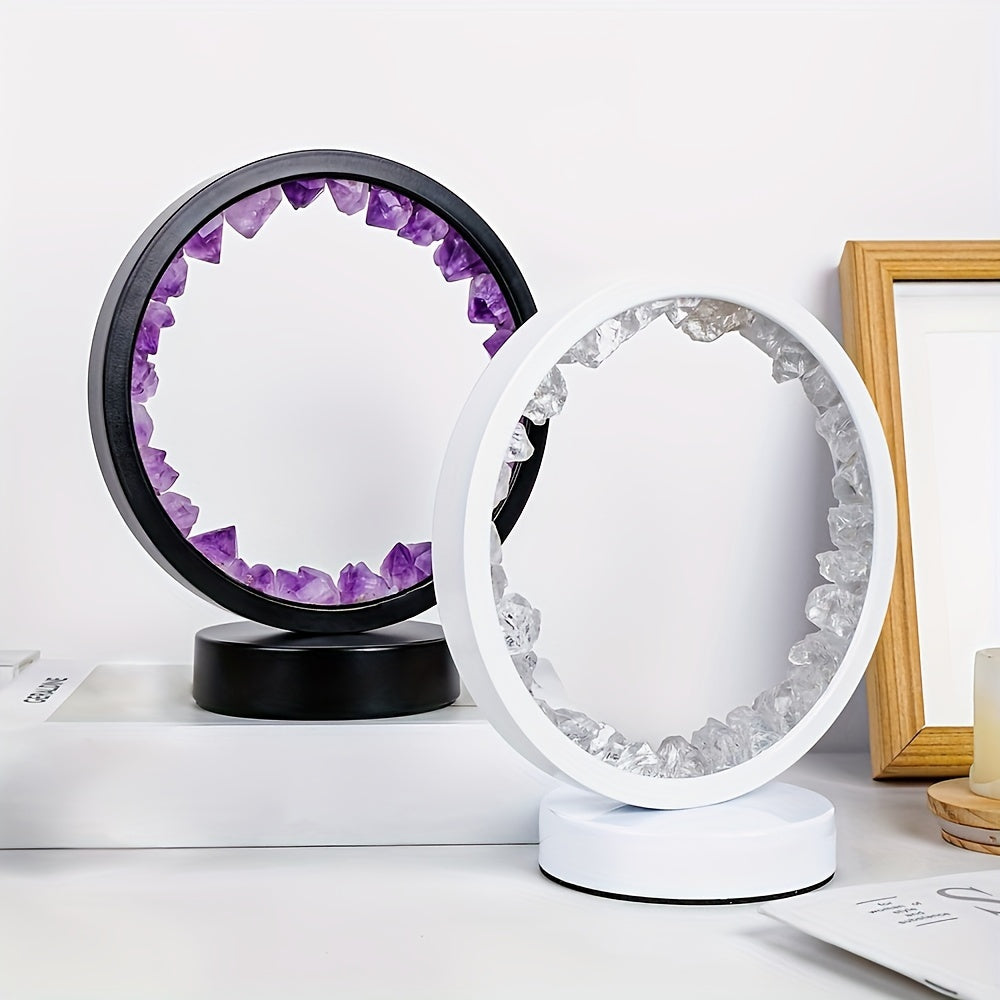 1pc, Rechargeable LED Bedside Lamp with Natural Quartz Amethyst Cluster - Soothing Night Light for Bedroom and Desk - Decorative Circle Lights