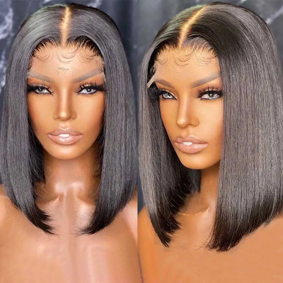 Perruques prêtes à porter sans colle, cheveux humains brésiliens lisses, coupe courte bob, pré-épilées, perruque frontale en dentelle transparente HD 13x4