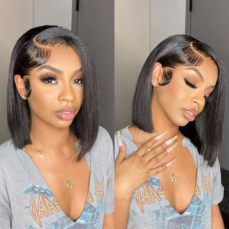 Perruques prêtes à porter sans colle, cheveux humains brésiliens lisses, coupe courte bob, pré-épilées, perruque frontale en dentelle transparente HD 13x4