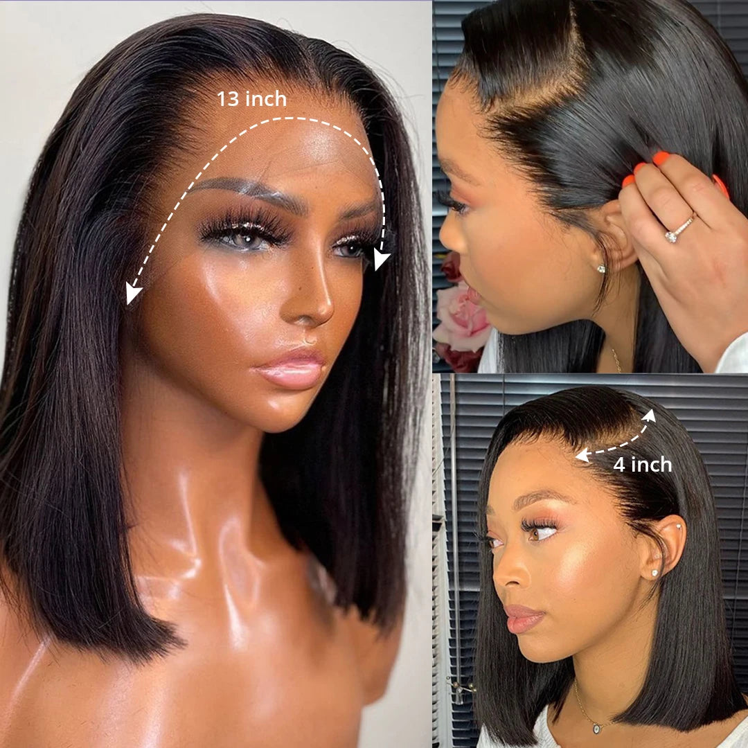 Perruques prêtes à porter sans colle, cheveux humains brésiliens lisses, coupe courte bob, pré-épilées, perruque frontale en dentelle transparente HD 13x4