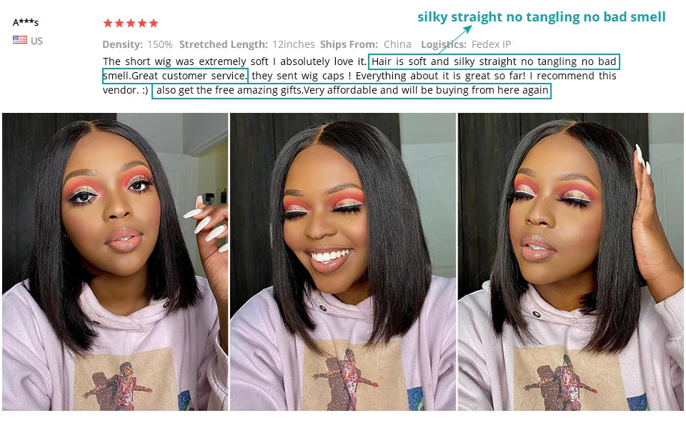Wear matchs Go-Perruque Bob Brésilienne Naturelle, Cheveux Courts Lisses, Sans Colle, HD, Lace Front Transparente, 180%