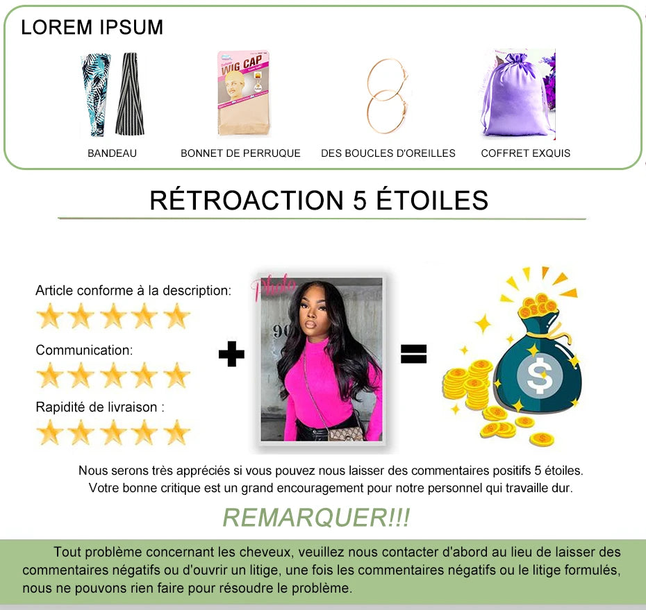 Perruque 13x6 (ou 13x4) à dentelle frontale transparente, densité 180 %, cheveux humains indiens effet body wave. Modèle pré-plumé pour un rendu naturel et élégant