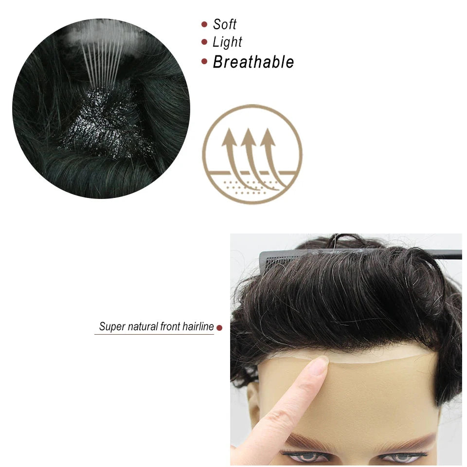 Perruque de cheveux humains en dentelle française avec PU pour homme, toupet confortable, vague naturelle, système de remplacement, prothèse capillaire masculine durable