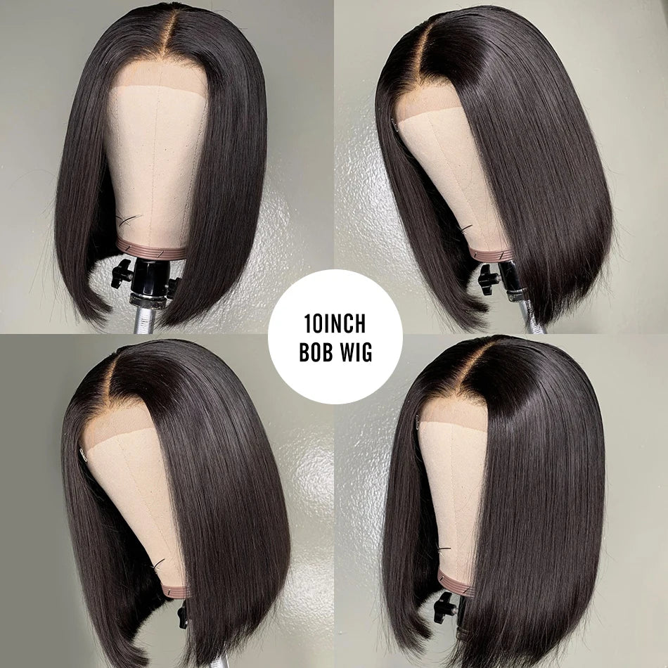 Perruques prêtes à porter sans colle, cheveux humains brésiliens lisses, coupe courte bob, pré-épilées, perruque frontale en dentelle transparente HD 13x4
