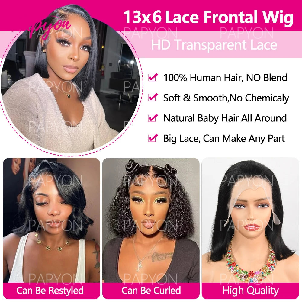 Perruque Courte 13X6 Transparent 15A Bob Wig Perruques Cheveux Humains Wigs Human Hair Cheveux Humain Naturel Droit Human Hair
