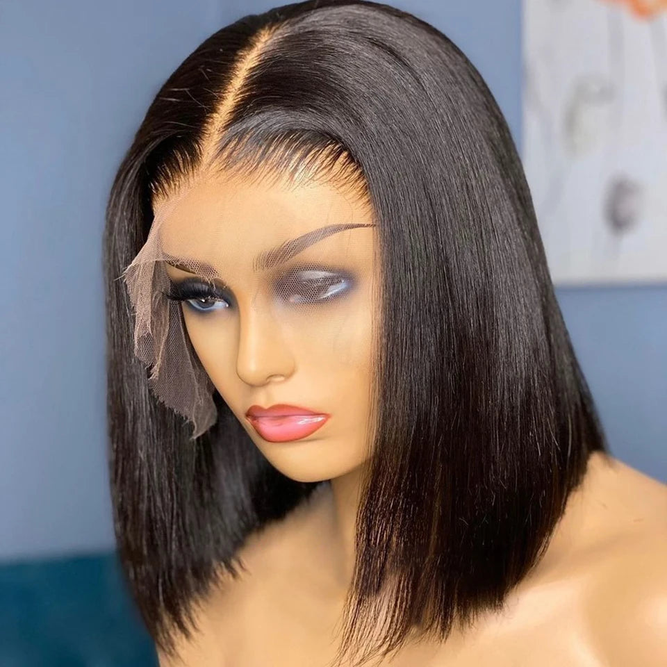 Perruques prêtes à porter sans colle, cheveux humains brésiliens lisses, coupe courte bob, pré-épilées, perruque frontale en dentelle transparente HD 13x4