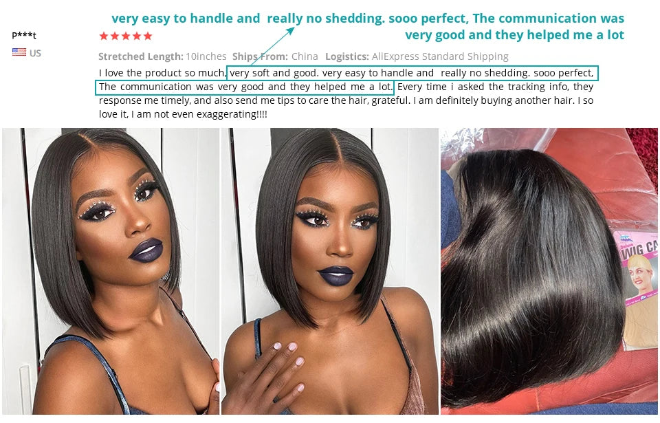 Wear matchs Go-Perruque Bob Brésilienne Naturelle, Cheveux Courts Lisses, Sans Colle, HD, Lace Front Transparente, 180%
