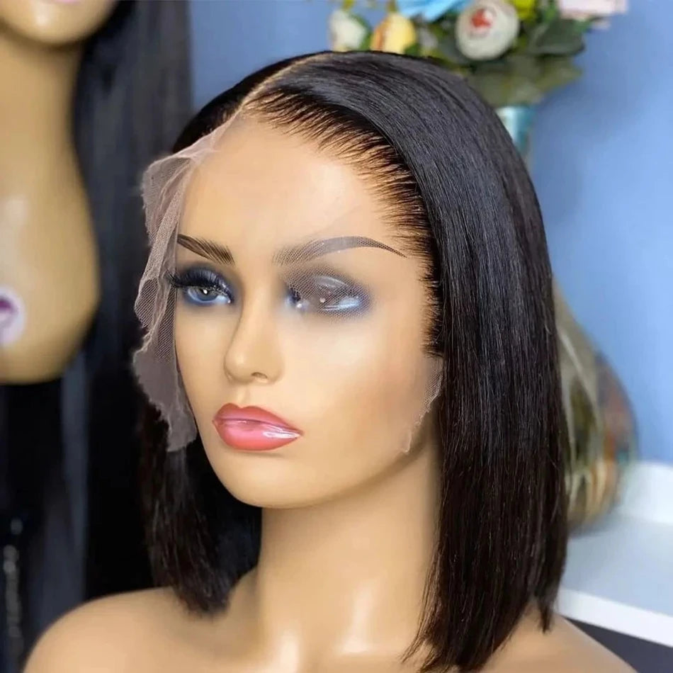 Perruques prêtes à porter sans colle, cheveux humains brésiliens lisses, coupe courte bob, pré-épilées, perruque frontale en dentelle transparente HD 13x4