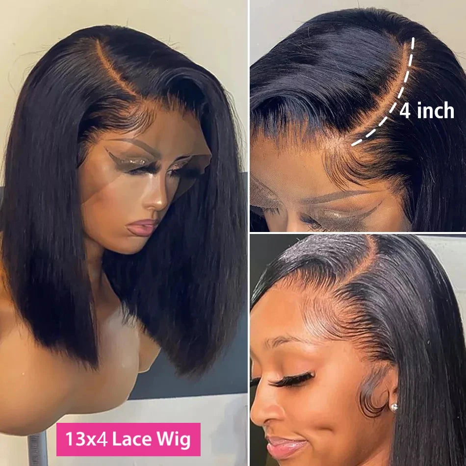 Perruques prêtes à porter sans colle, cheveux humains brésiliens lisses, coupe courte bob, pré-épilées, perruque frontale en dentelle transparente HD 13x4