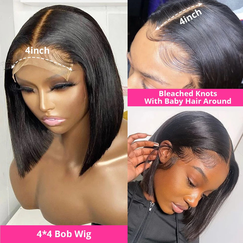 Perruques prêtes à porter sans colle, cheveux humains brésiliens lisses, coupe courte bob, pré-épilées, perruque frontale en dentelle transparente HD 13x4