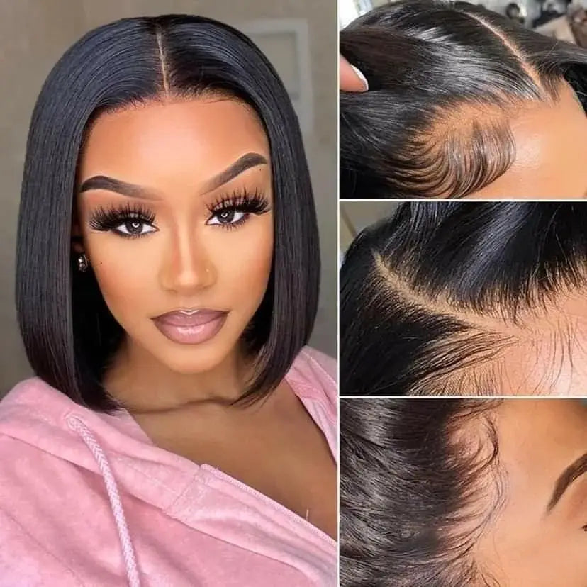 Wear matchs Go-Perruque Bob Brésilienne Naturelle, Cheveux Courts Lisses, Sans Colle, HD, Lace Front Transparente, 180%