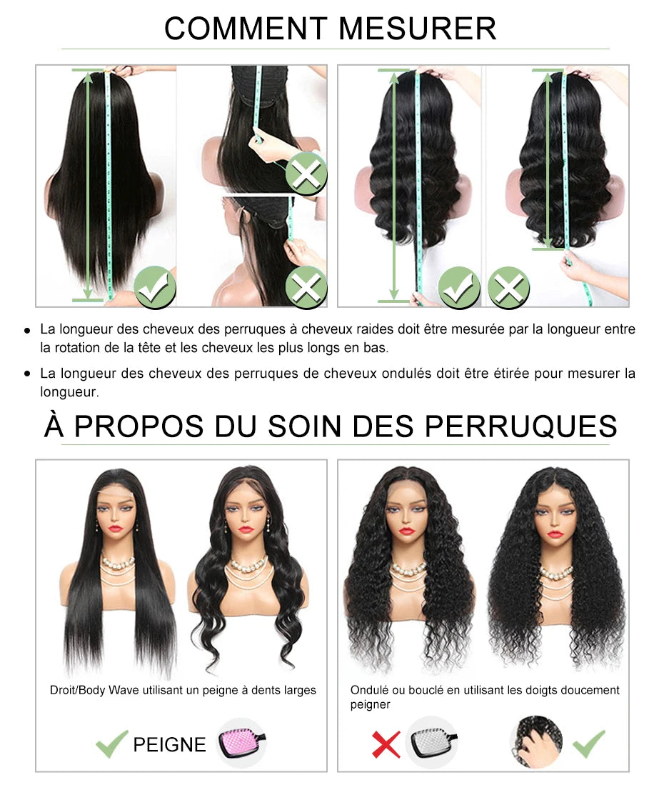 Perruque 13x6 (ou 13x4) à dentelle frontale transparente, densité 180 %, cheveux humains indiens effet body wave. Modèle pré-plumé pour un rendu naturel et élégant