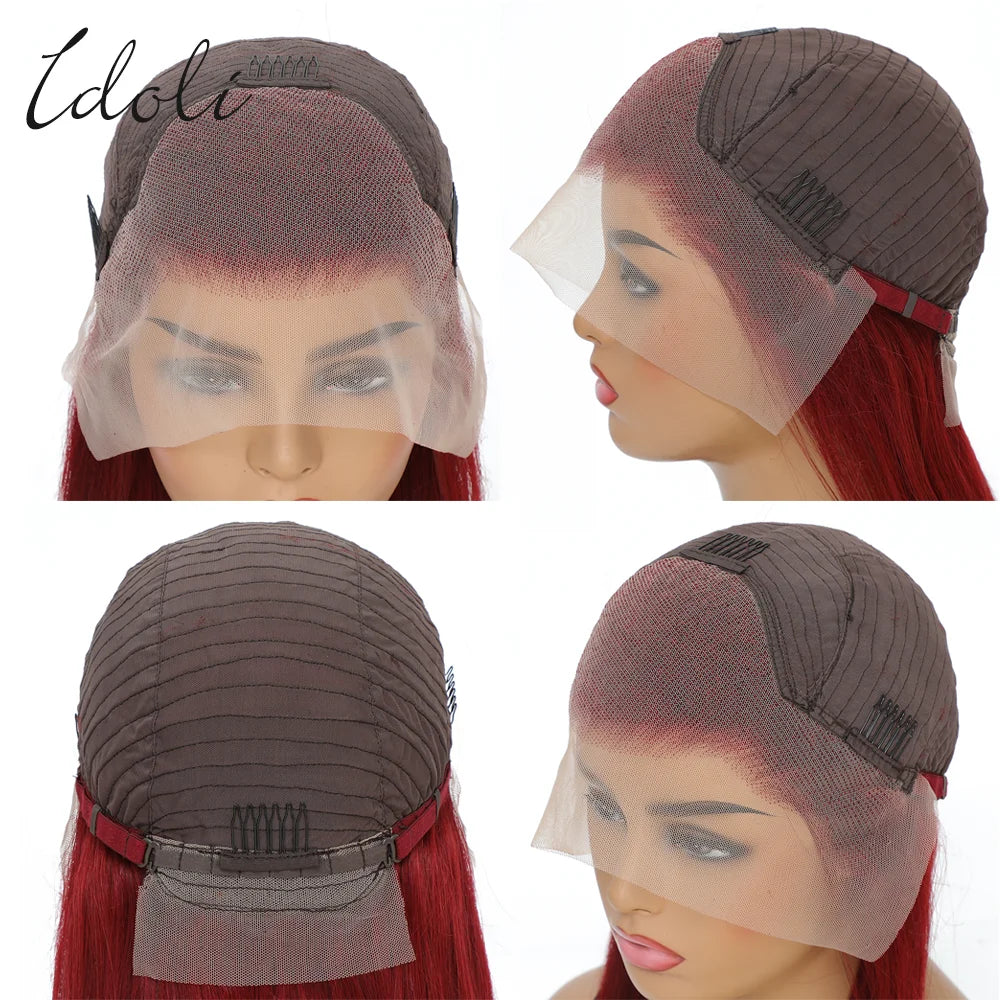 Perruque Lace Front Wig Body Wave Brésilienne Naturelle, Cheveux Humains, Couleur Bordeaux 99J, 13x6, Transparent HD