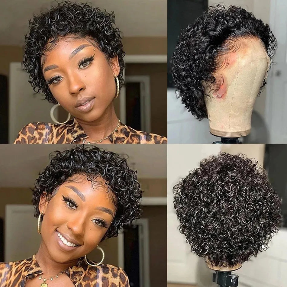 Perruque Pixie Cut Courte Bouclée en Cheveux Humains, Perruque Brésilienne Pas Chère en Cheveux Remy, Perruques Transparentes 13x1 en Dentelle pour Femmes en Promotion