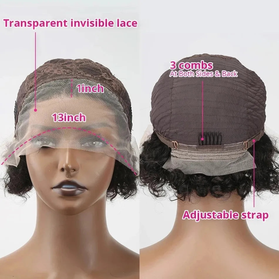 Perruque Pixie Cut Courte Bouclée en Cheveux Humains, Perruque Brésilienne Pas Chère en Cheveux Remy, Perruques Transparentes 13x1 en Dentelle pour Femmes en Promotion