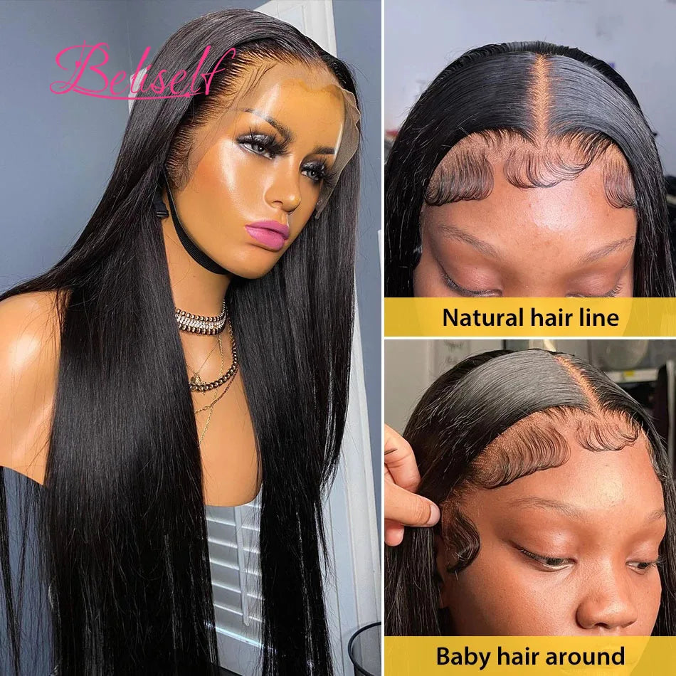 Perruque Lace Front Wig naturelle lisse, cheveux humains, Transparent HD, 13x4, 13x6, pre-plucked, 5x5, HD, Lace Closure, Beliself