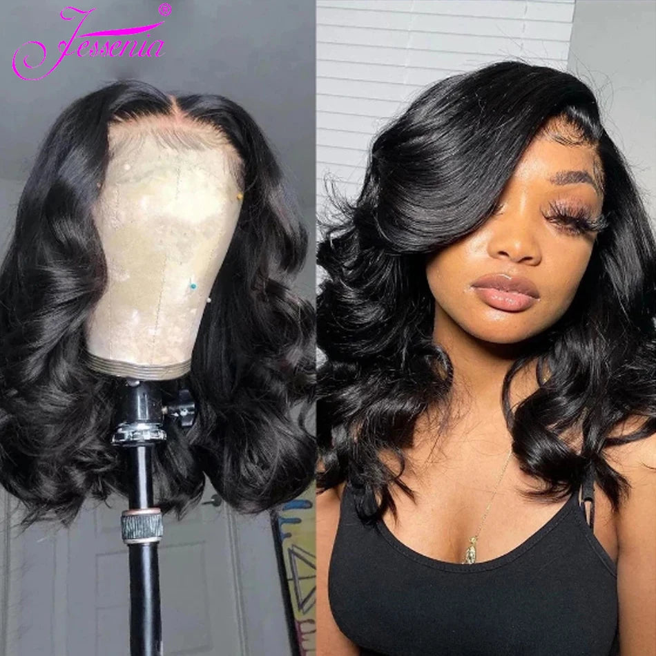 Perruque bob Body Wave “Wear and Go” en cheveux humains péruviens, dentelle frontale, sans colle, prête à porter, couleur naturelle