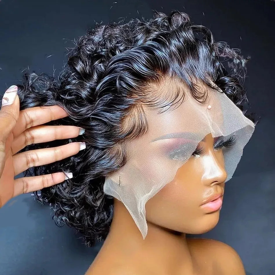 Perruque Pixie Cut Courte Bouclée en Cheveux Humains, Perruque Brésilienne Pas Chère en Cheveux Remy, Perruques Transparentes 13x1 en Dentelle pour Femmes en Promotion