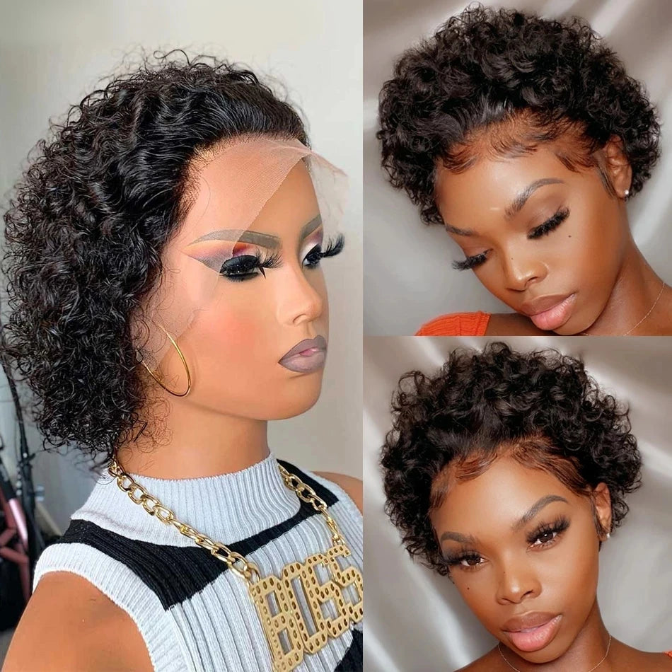 Perruque Pixie Cut Courte Bouclée en Cheveux Humains, Perruque Brésilienne Pas Chère en Cheveux Remy, Perruques Transparentes 13x1 en Dentelle pour Femmes en Promotion
