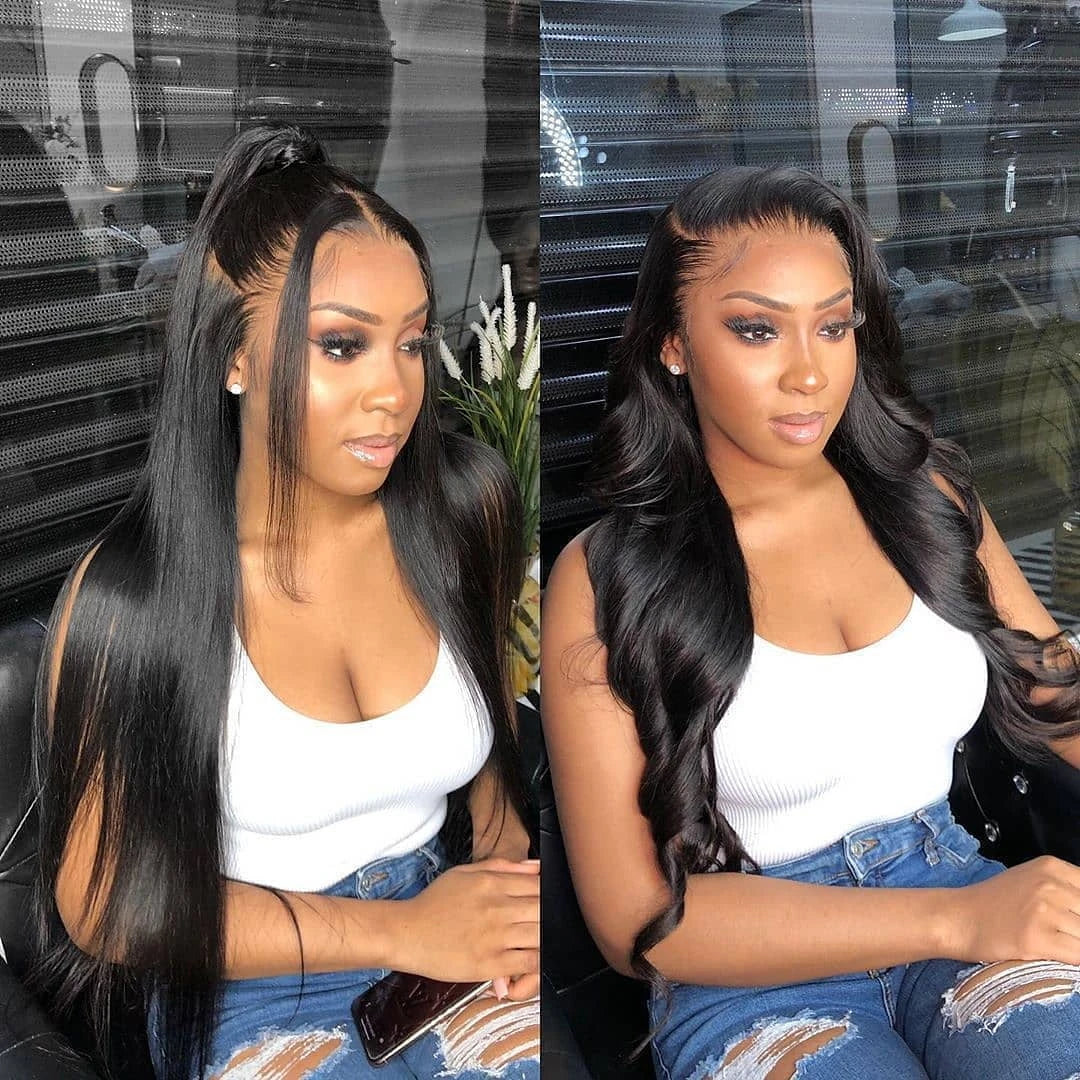 Perruque Lace Frontal Wig 360 naturelle brésilienne lisse, cheveux lisses, 13x6, Transparent, pre-plucked, pour femmes
