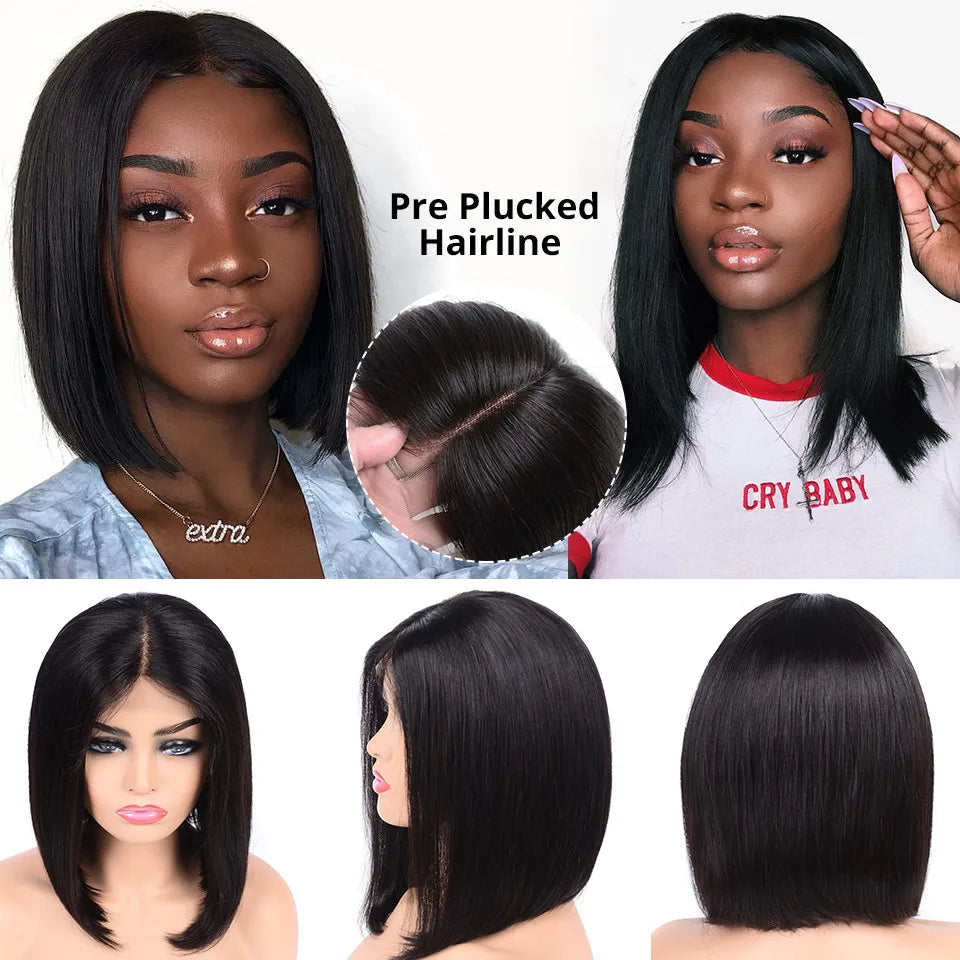 Wear matchs Go-Perruque Bob Brésilienne Naturelle, Cheveux Courts Lisses, Sans Colle, HD, Lace Front Transparente, 180%