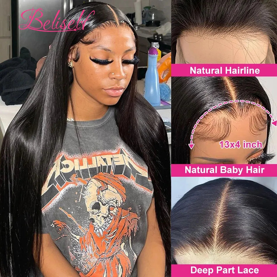 Perruque Lace Front Wig naturelle lisse, cheveux humains, Transparent HD, 13x4, 13x6, pre-plucked, 5x5, HD, Lace Closure, Beliself