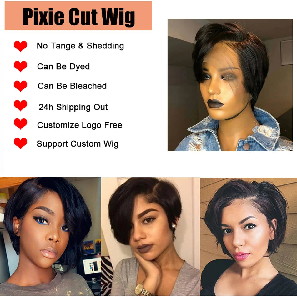 Cheveux humains 13X2 perruques courtes coupe lutin perruques droites Bob HDTransparent dentelle frontale perruques pour les femmes noires 250 densité Perruque pas cher