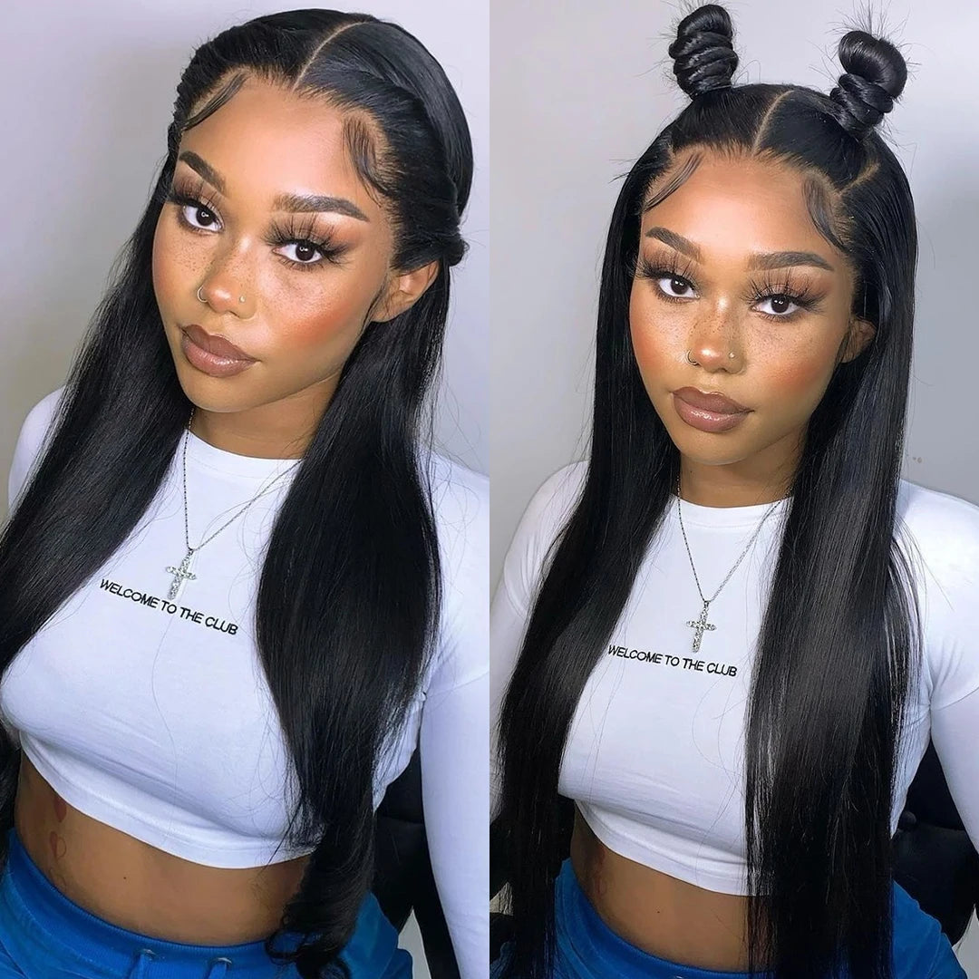 Perruque Lace Frontal Wig 360 naturelle brésilienne lisse, cheveux lisses, 13x6, Transparent, pre-plucked, pour femmes