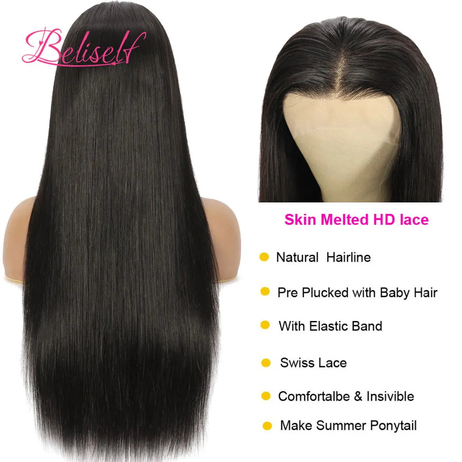 Perruque Lace Front Wig naturelle lisse, cheveux humains, Transparent HD, 13x4, 13x6, pre-plucked, 5x5, HD, Lace Closure, Beliself
