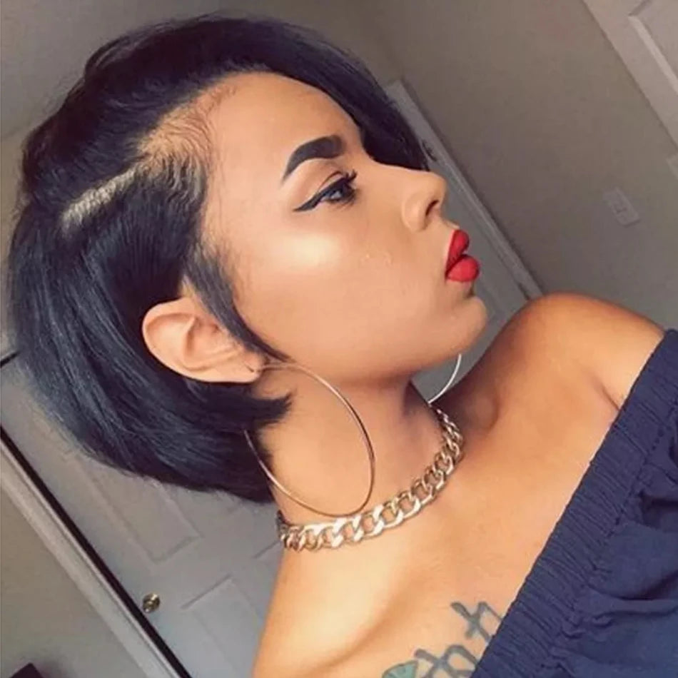 Cheveux humains 13X2 perruques courtes coupe lutin perruques droites Bob HDTransparent dentelle frontale perruques pour les femmes noires 250 densité Perruque pas cher