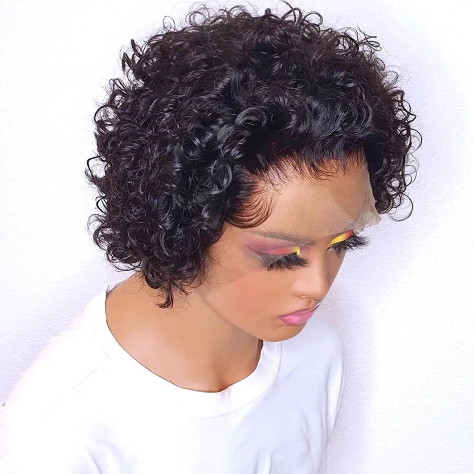 Perruque Pixie Cut Courte Bouclée en Cheveux Humains, Perruque Brésilienne Pas Chère en Cheveux Remy, Perruques Transparentes 13x1 en Dentelle pour Femmes en Promotion