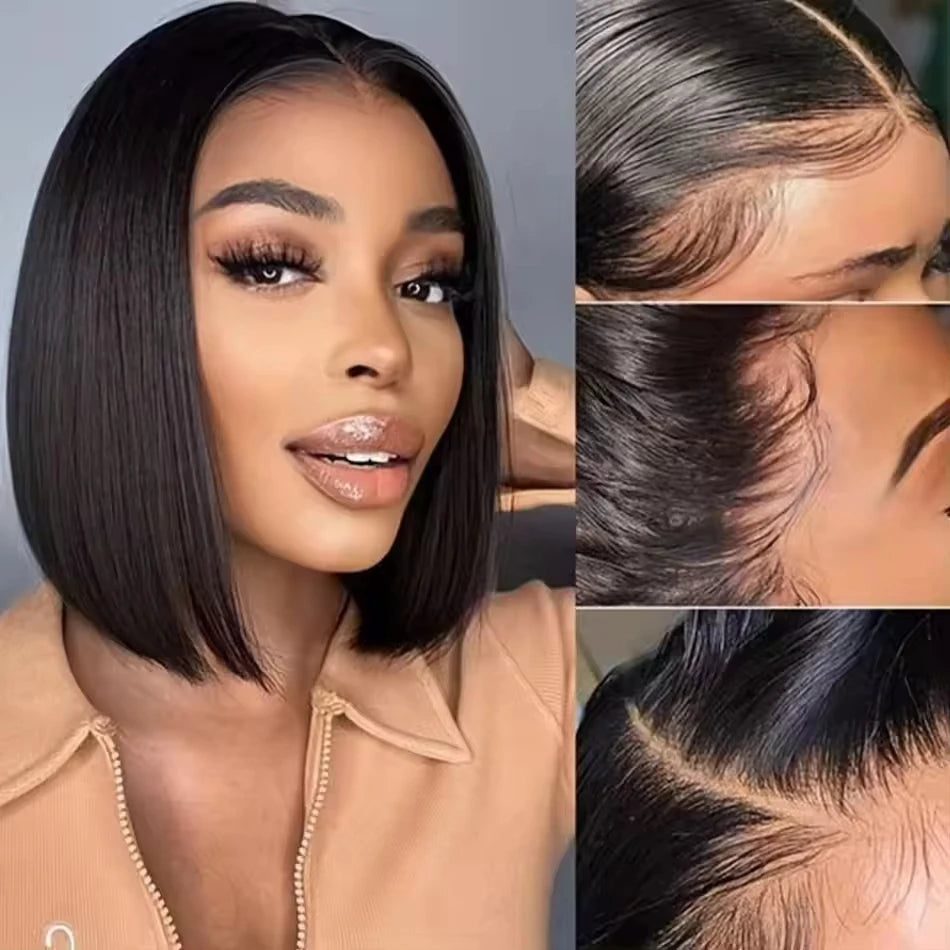 Short Bob Wig in 100% Brazilian Human Hair – Straight Lace Front 13x6, Pre-Plucked Hairline, Natural Look for Black Women