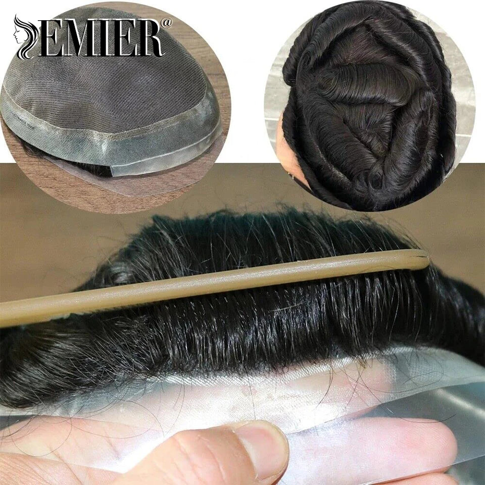 Perruque de cheveux humains en dentelle française avec PU pour homme, toupet confortable, vague naturelle, système de remplacement, prothèse capillaire masculine durable