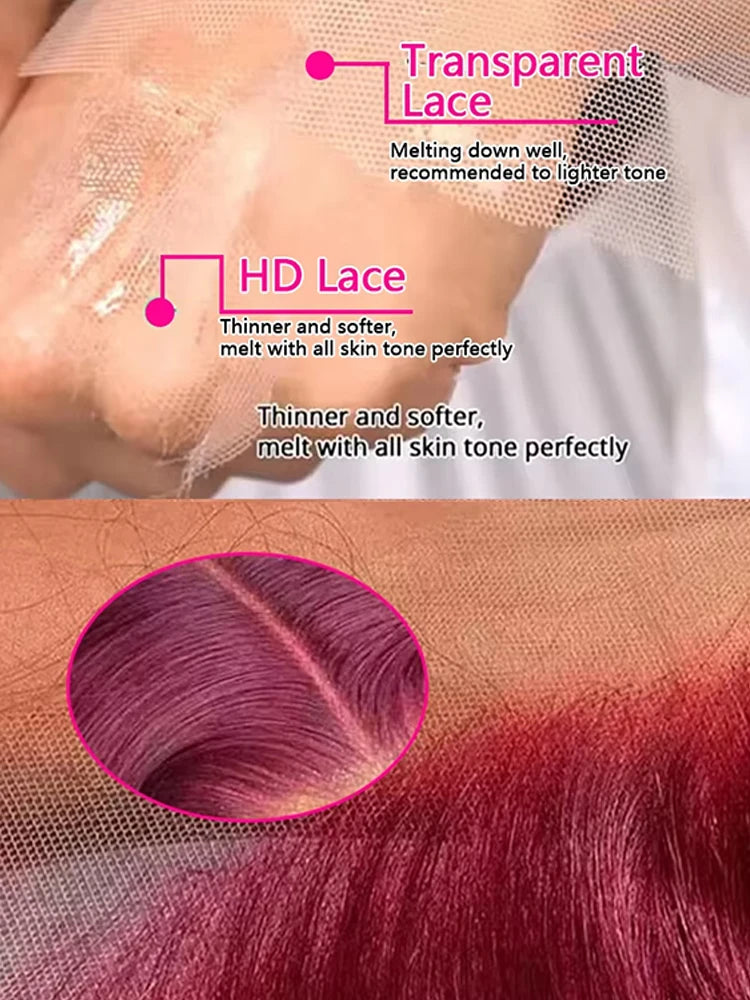 Perruque Lace Frontal Wig naturelle lisse bordeaux 99j, 40 pouces, 13x6, perruque Lace Frontal Wig HD transparente, couleur rouge, pour femmes