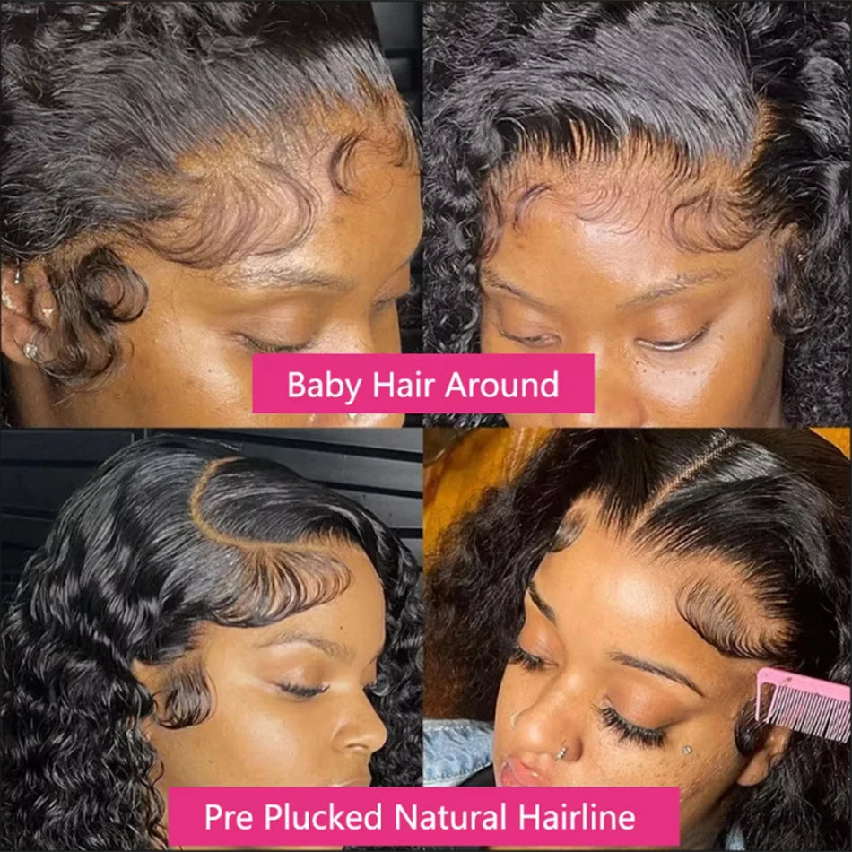 Perruque bob 13x4 en cheveux humains, boucles profondes effet vague d’eau, dentelle frontale HD transparente. Modèle sans colle pour un rendu naturel et élégant