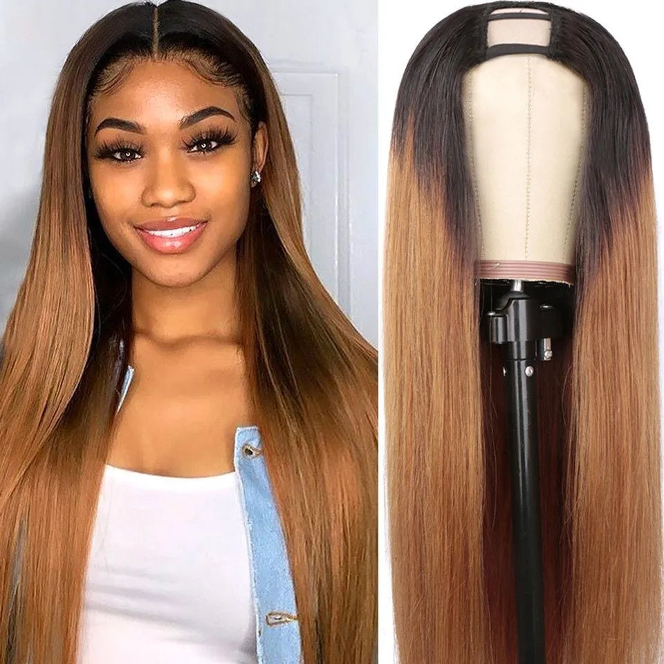 Perruque u-part naturelle brésilienne lisse, cheveux humains, 2 tons, brun ombré 1b 30,perruque cheveux humain brésiliens solde, perruque femme, pince cheveux,perruque blonde, extension cheveux clip naturel, peruque