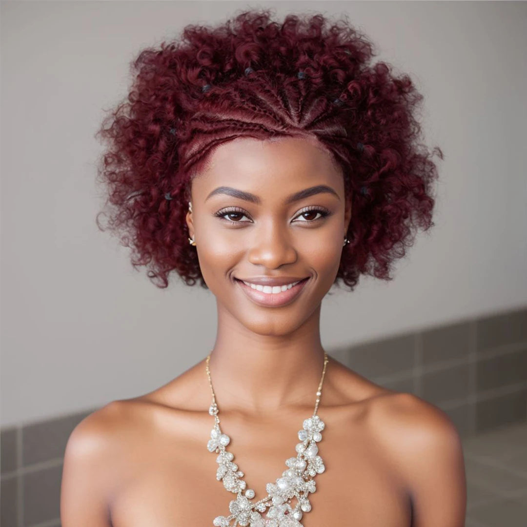 Perruque afro brésilienne Remy bouclée noire naturelle avec tresses, 6 amaran, 13x4, 100%