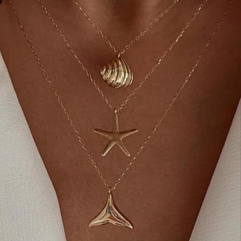 Bohême conque étoile de mer Imitation collier de perles pour les femmes de luxe exquis perlé coquille pendentif collier plage vacances bijoux