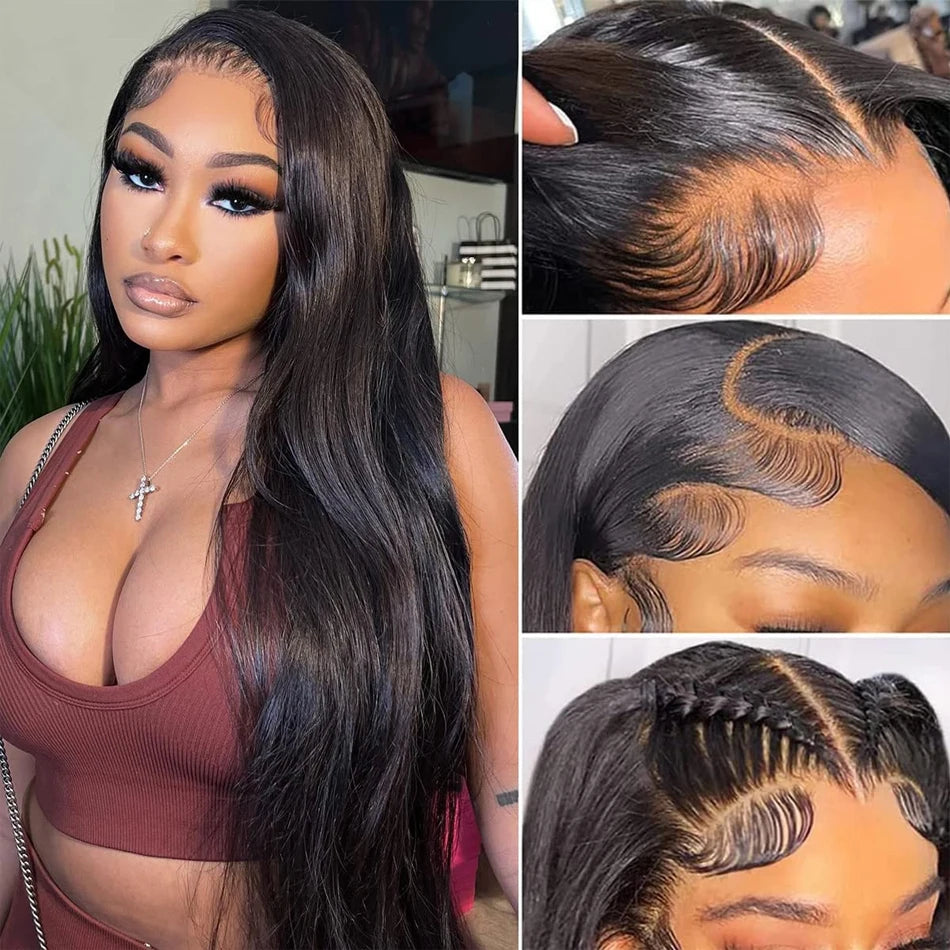 Wear And Go sans colle HD Transparent perruques cheveux humains dentelle frontale brésilienne droite prêt à porter 13X4 dentelle frontale perruque 32 pouces