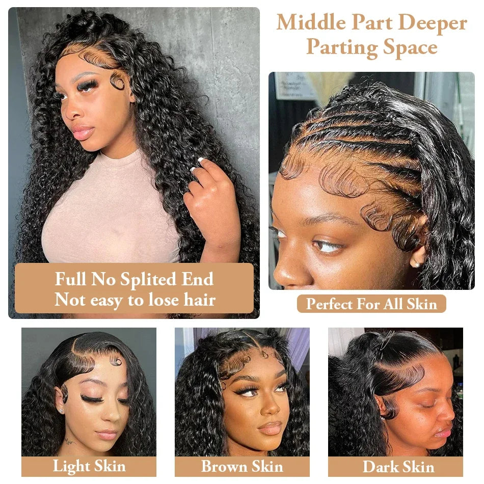Perruque Lace Frontal Wig naturelle bouclée, cheveux humains, Deep Wave, Transparent HD, 5x5, sans colle, pre-plucked, 13x6, eau, 30 40 pouces