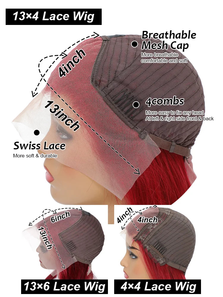 Perruque Lace Front Wig Body Wave Brésilienne Naturelle, Cheveux Humains, Couleur Bordeaux 99J, 13x6, Transparent HD